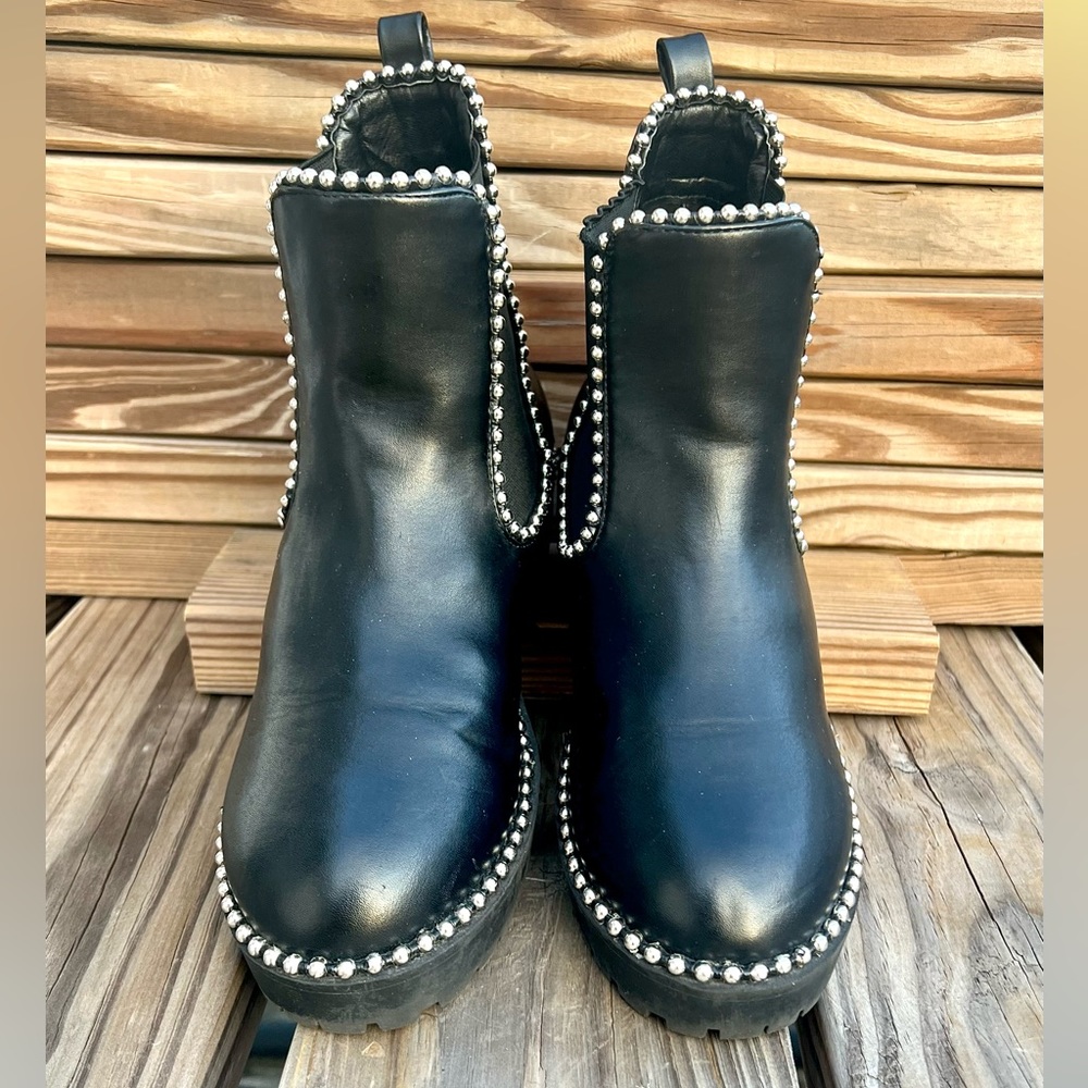 Black Leather Silver Bead Adorned Moto Boots SZ 7! E/VGUC! - Picture 6 of 16